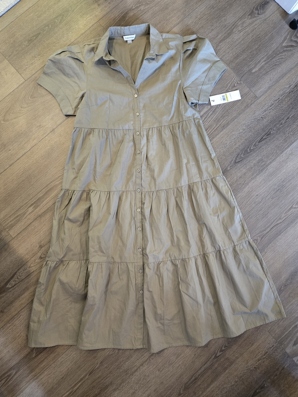 Calvin Klein Olive Button-Front Tiered Shirt Dress